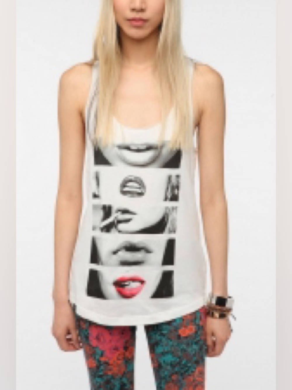 Women’s White Graphic Tank Top with Red Lip Accent